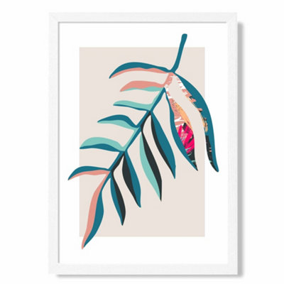 Artze Wall Art Tropical Leaf Blue And Pink Boho Botanical Art Print With White Frame Size: A4 from B&Q