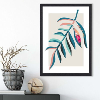 Artze Wall Art Tropical Leaf Blue And Pink Boho Botanical Framed Print Size: A3 With Black Frame from B&Q