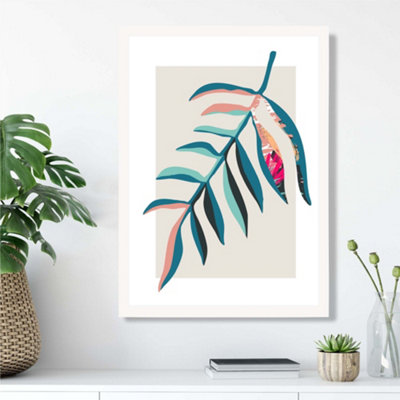 Artze Wall Art Tropical Leaf Blue And Pink Boho Botanical Framed Print Size: A3 With White Frame from B&Q