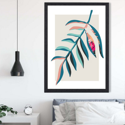 Artze Wall Art Tropical Leaf Blue And Pink Boho Botanical Framed Print Size: A2 With Black Frame from B&Q
