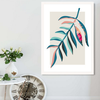 Artze Wall Art Tropical Leaf Blue And Pink Boho Botanical Framed Print Size: A2 With White Frame from B&Q