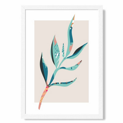 Artze Wall Art Papyrus Leaf Blue And Pink Boho Botanical Art Print With White Frame Size: A4 from B&Q