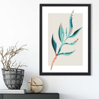 Artze Wall Art Papyrus Leaf Blue And Pink Boho Botanical Framed Print Size: A3 With Black Frame from B&Q