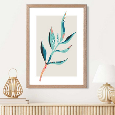 Artze Wall Art Papyrus Leaf Blue And Pink Boho Botanical Framed Print Size: A3 With Oak Frame from B&Q