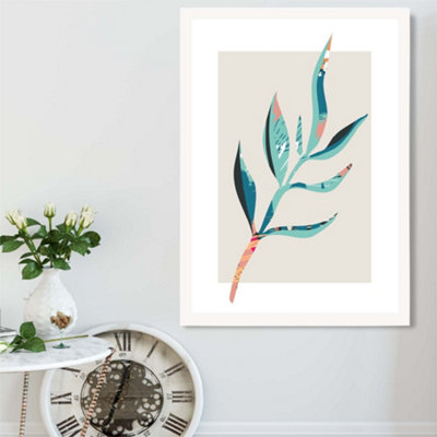 Artze Wall Art Papyrus Leaf Blue And Pink Boho Botanical Framed Print Size: A2 With White Frame from B&Q