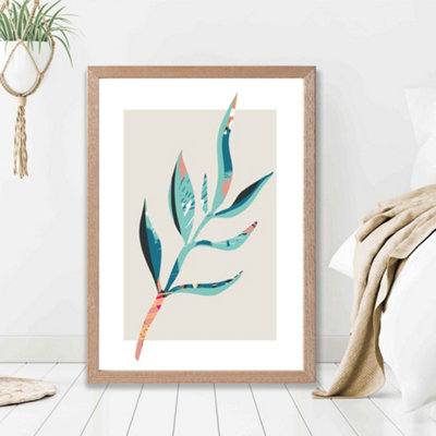 Artze Wall Art Papyrus Leaf Blue And Pink Boho Botanical Framed Print Size: A2 With Oak Frame from B&Q