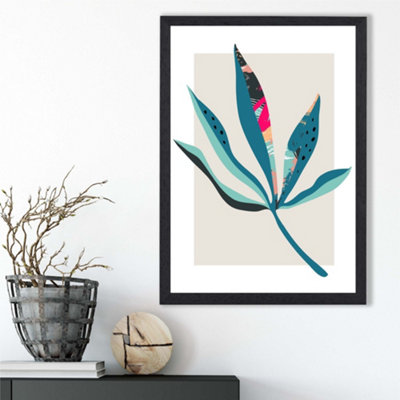 Artze Wall Art Palm Leaf Blue And Pink Boho Botanical Framed Print Size: A3 With Black Frame from B&Q