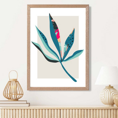 Artze Wall Art Palm Leaf Blue And Pink Boho Botanical Framed Print Size: A3 With Oak Frame from B&Q