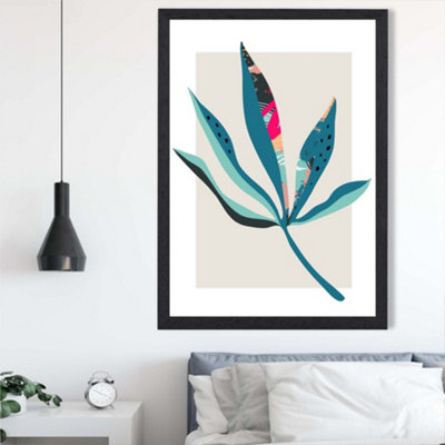 Artze Wall Art Palm Leaf Blue And Pink Boho Botanical Framed Print Size: A2 With Black Frame from B&Q