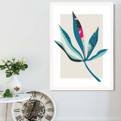 Artze Wall Art Palm Leaf Blue And Pink Boho Botanical Framed Print Size: A2 With White Frame from B&Q