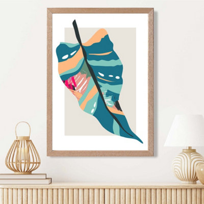 Artze Wall Art Tropical Palm Blue And Pink Boho Botanical Framed Print Size: A3 With Oak Frame from B&Q