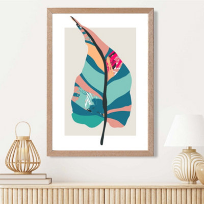Artze Wall Art Tropical Plant Blue And Pink Boho Botanical Framed Print Size: A3 With Oak Frame from B&Q