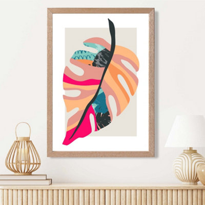Artze Wall Art Tropical Monstera Blue And Pink Boho Botanical Framed Print Size: A3 With Oak Frame from B&Q