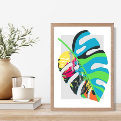 Artze Wall Art Monstera Blue And Green Abstract Minimalist Framed Print Size: A4 With Oak Frame from B&Q