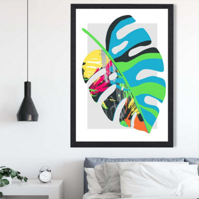 Artze Wall Art Monstera Blue And Green Abstract Minimalist Framed Print Size: A2 With Black Frame from B&Q