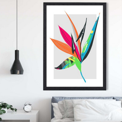 Artze Wall Art Tropical Flower Blue And Green Abstract Minimalist Framed Print Size: A2 With Black Frame from B&Q