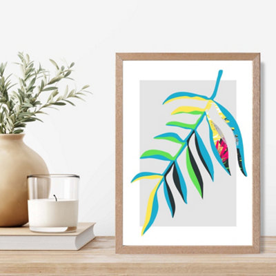 Artze Wall Art Tropical Leaf Blue And Green Abstract Minimalist Framed Print Size: A4 With Oak Frame from B&Q