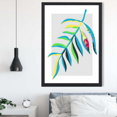 Artze Wall Art Tropical Leaf Blue And Green Abstract Minimalist Framed Print Size: A2 With Black Frame from B&Q