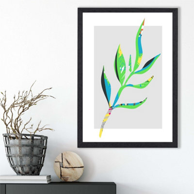 Artze Wall Art Papyrus Leaf Blue And Green Abstract Minimalist Framed Print Size: A3 With Black Frame from B&Q