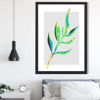 Artze Wall Art Papyrus Leaf Blue And Green Abstract Minimalist Framed Print Size: A2 With Black Frame from B&Q