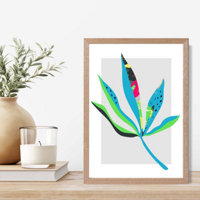 Artze Wall Art Palm Leaf Blue And Green Abstract Minimalist Framed Print Size: A4 With Oak Frame from B&Q