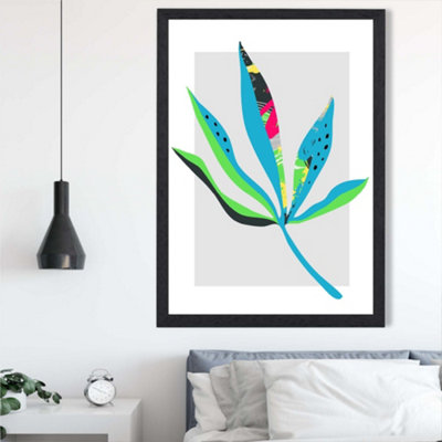 Artze Wall Art Palm Leaf Blue And Green Abstract Minimalist Framed Print Size: A2 With Black Frame from B&Q