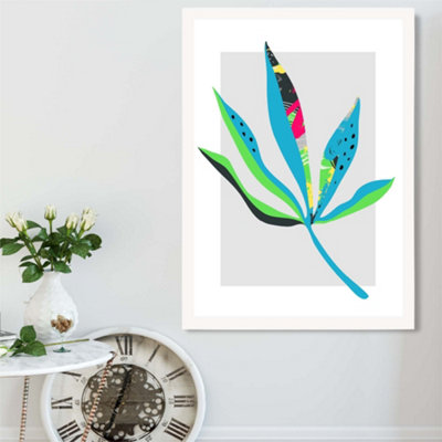 Artze Wall Art Palm Leaf Blue And Green Abstract Minimalist Framed Print Size: A2 With White Frame from B&Q