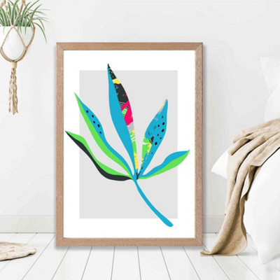 Artze Wall Art Palm Leaf Blue And Green Abstract Minimalist Framed Print Size: A2 With Oak Frame from B&Q