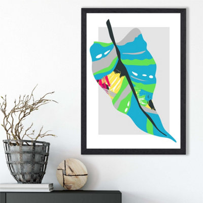 Artze Wall Art Tropical Palm Blue And Green Abstract Minimalist Framed Print Size: A3 With Black Frame from B&Q