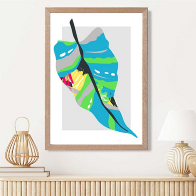 Artze Wall Art Tropical Palm Blue And Green Abstract Minimalist Framed Print Size: A3 With Oak Frame from B&Q