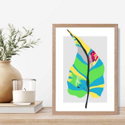 Artze Wall Art Tropical Plant Blue And Green Abstract Minimalist Framed Print Size: A4 With Oak Frame from B&Q