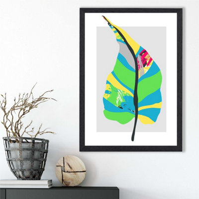 Artze Wall Art Tropical Plant Blue And Green Abstract Minimalist Framed Print Size: A3 With Black Frame from B&Q