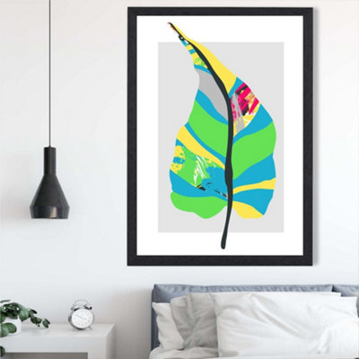 Artze Wall Art Tropical Plant Blue And Green Abstract Minimalist Framed Print Size: A2 With Black Frame from B&Q