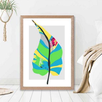 Artze Wall Art Tropical Plant Blue And Green Abstract Minimalist Framed Print Size: A2 With Oak Frame from B&Q