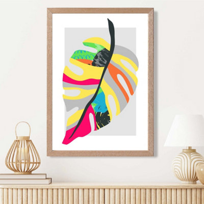 Artze Wall Art Tropical Monstera Blue And Green Abstract Minimalist Framed Print Size: A3 With Oak Frame from B&Q
