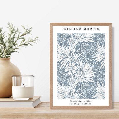 Artze Wall Art Vintage William Morris Marigold In Blue  / Oak Frame / Size: A4