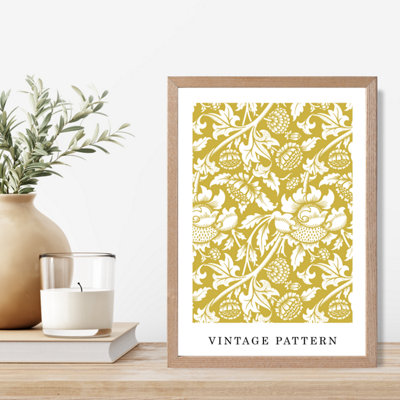 Artze Wall Art Vintage William Morris Yellow Pattern  / Oak Frame / Size: A4 from B&Q