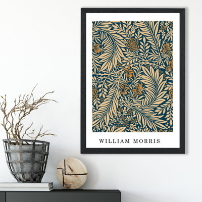 Artze Wall Art Vintage William Morris Larkspur In Navy And Beige  / Black Frame / Size: A3 from B&Q