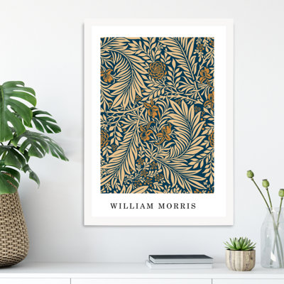 Artze Wall Art Vintage William Morris Larkspur In Navy And Beige  / White Frame / Size: A3 from B&Q