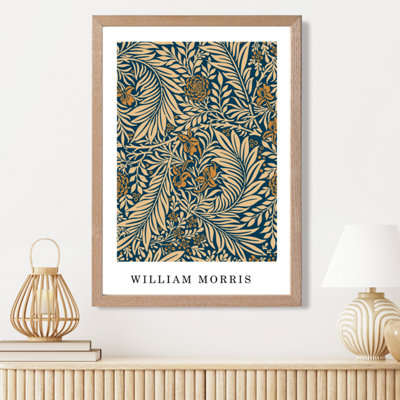 Artze Wall Art Vintage Morris Larkspur In Navy And Beige  / Oak Frame / Size: A3 from B&Q