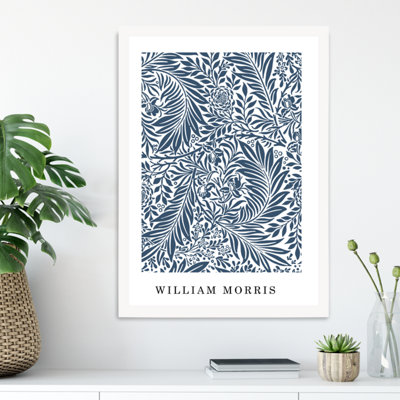 Artze Wall Art Vintage William Morris Larkspur In Navy And White  / White Frame / Size: A3 from B&Q