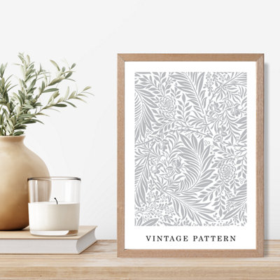 Artze Wall Art Vintage William Morris Larkspur In Grey And White  / Oak Frame / Size: A4 from B&Q