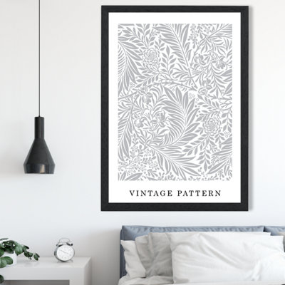 Artze Wall Art Vintage William Morris Larkspur In Grey And White  / Black Frame / Size: A2 from B&Q