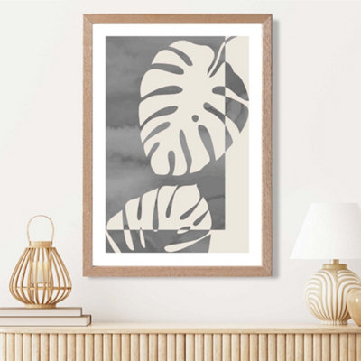 Artze Wall Art Grey Monstera Mid Century Tropical Framed Print Size: A3 With Oak Frame from B&Q
