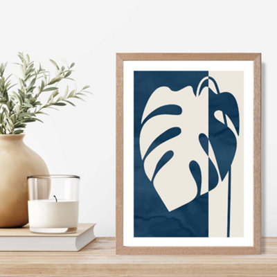 Artze Wall Art Navy Blue Monstera Mid Century Tropical Framed Print Size: A4 With Oak Frame from B&Q