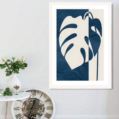 Artze Wall Art Navy Blue Monstera Mid Century Tropical Framed Print Size: A2 With White Frame from B&Q