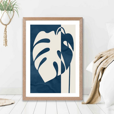 Artze Wall Art Navy Blue Monstera Mid Century Tropical Framed Print Size: A2 With Oak Frame from B&Q
