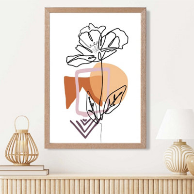 Artze Wall Art Rose Floral Line Art With Boho Purple And Orange Shapes Framed Print Size: A3 With Oak Frame from B&Q
