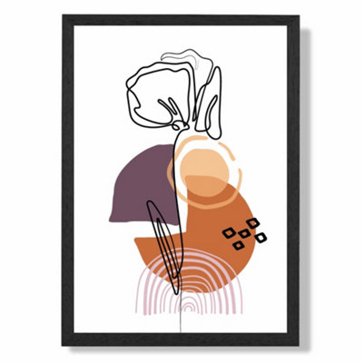 Artze Wall Art Carnation Floral Line Art With Boho Purple And Orange Shapes Art Print With Black Frame Size: A4 from B&Q