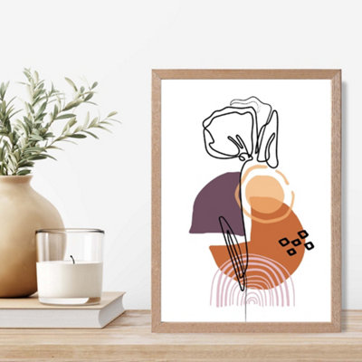 Artze Wall Art Carnation Floral Line Art With Boho Purple And Orange Shapes Framed Print Size: A4 With Oak Frame from B&Q